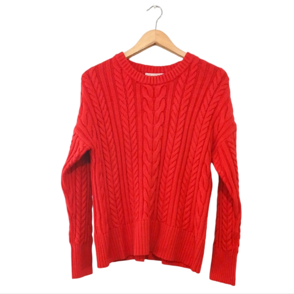 Philosophy sz S Red Cable Knit Crew Neck Long Sleeve Braided Pullover Sweater